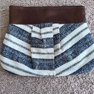 Striped Blue and White Tote Bag with Brown Accent